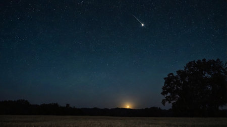 Night sky with stars and milky way over the field. Long exposure.