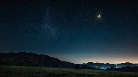 Night starry sky with stars and the moon over the mountains.の写真素材