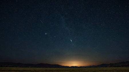 Night sky with stars and milky way over field. Long exposure