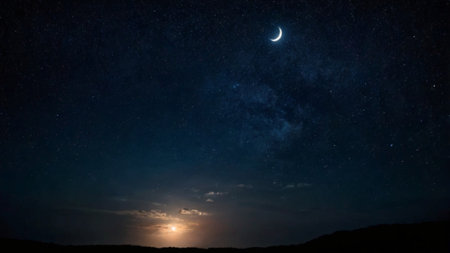 Night sky with stars and moon. Long exposure photograph. Elements of this image furnished by NASAの写真素材