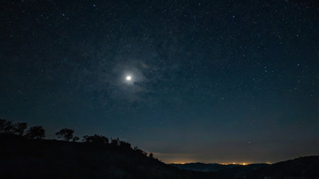 Night sky with stars and the moon. Long exposure photograph with grain
