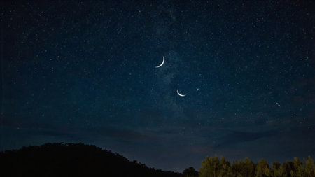 Night sky with stars and moon. Long exposure photograph with grain.の写真素材