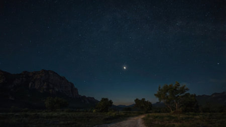Night landscape with stars and milky way. Starry sky.の写真素材