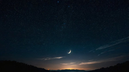 Beautiful night sky with stars and the moon. Night nature landscape.の写真素材
