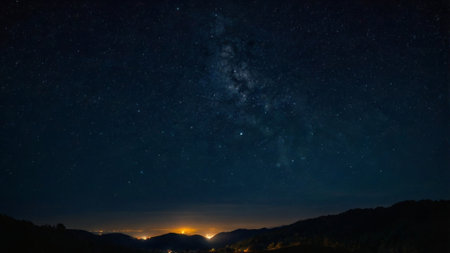 Night sky with stars and milky way over mountains. Long exposure