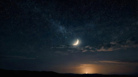 Crescent moon in the night sky with stars and milky way