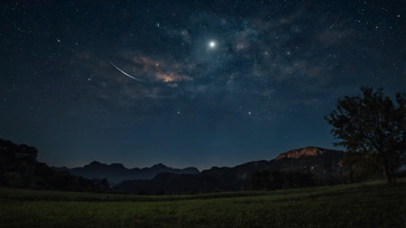 Milky way over the mountains. Starry sky with milky way and stars.の写真素材