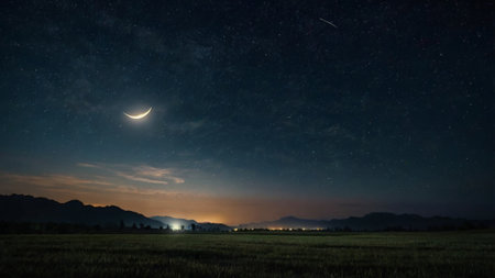 Night sky with stars and moon over the rice field.
