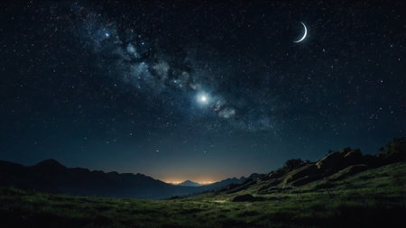 Night landscape with stars and moon in the sky. 3d rendering