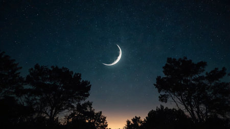 Crescent moon in the night sky with stars and silhouette of treesの写真素材
