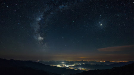 Milky way and stars in the night sky over the mountains.の写真素材