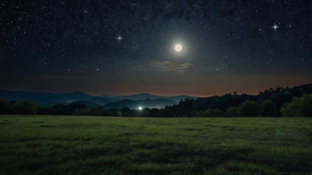 Night sky with stars and full moon over the meadow in mountains