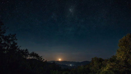 Night sky with stars and milky way over the mountains. Long exposure.の写真素材