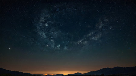 Milky way in the night sky with stars and silhouette of mountains