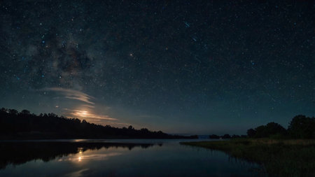 Milky way over the lake at night. Long exposure photograph.