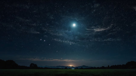 Night landscape with starry sky and milky way over the fieldの写真素材