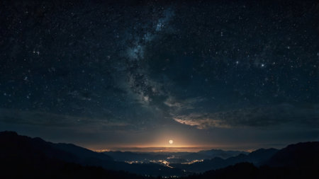 Night sky with stars and milky way. Panoramic view of the valley.