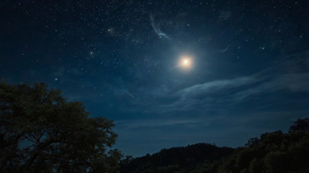 Night sky with stars and the moon. Panoramic view.の写真素材