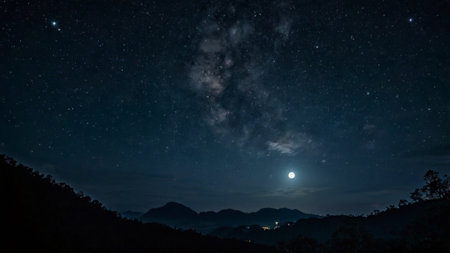 Night sky with stars and milky way over the mountains. Long exposure photograph.