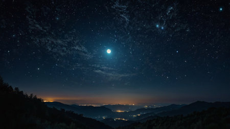 Night sky with stars and the moon over the mountains. View from the top of the mountain.の写真素材