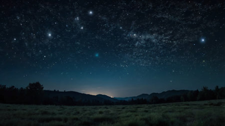 Night sky with stars and milky way over the meadow.の写真素材