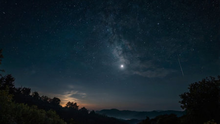 Night sky with stars and milky way over the mountains. Long exposure.