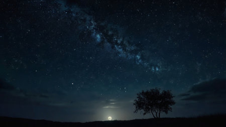 Night sky with stars and milky way over lonely tree in the field