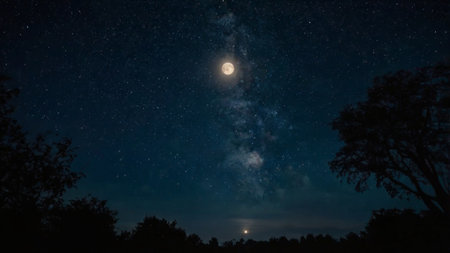Night starry sky with stars and a milky way over the forest
