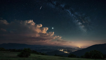Night sky with stars and milky way over the mountains. Beautiful landscape.の写真素材