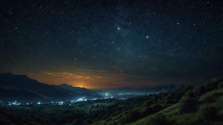 Night sky with stars and milky way over mountain village. Panoramic view