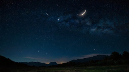 Night sky with stars and moon. Starry night in the mountains.の写真素材