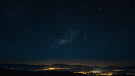 Milky way over the mountains and the city at night in summer