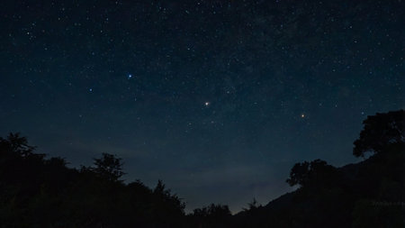 Night sky with stars and milky way. Long exposure photograph.