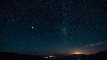 Milky Way over the mountains at night with stars in the skyの写真素材