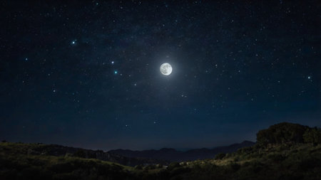 Night sky with stars and a full moon in the night sky.の写真素材
