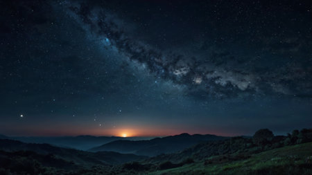 Night sky with stars and milky way above the mountain range.