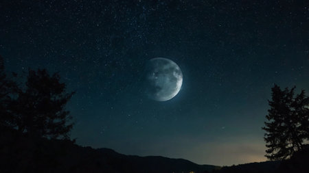 Night sky with stars and milky way. The moon in the night skyの写真素材