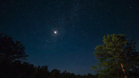Night sky with stars and milky way over forest. Long exposureの写真素材