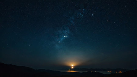 Milky way over the mountains at night with stars in the skyの写真素材