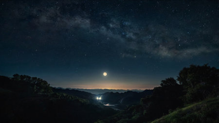 Milky Way over the mountains at night with starry sky.