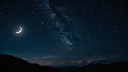 Night sky with stars and milky way. The moon over the mountains.の写真素材