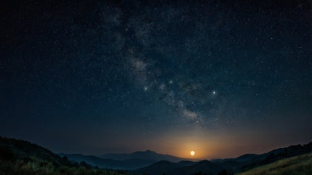 Milky way over the mountains at night. Starry sky.の写真素材