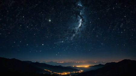Milky way over the mountains in the night. Panoramic view