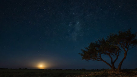 Night sky with stars and milky way over an acacia treeの写真素材