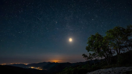 Night sky with stars and the moon over the mountains. Panoramaの写真素材