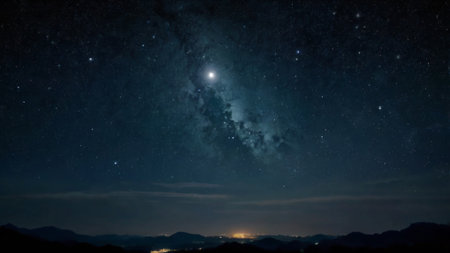 Milky way and stars in the night sky with mountain background.の写真素材