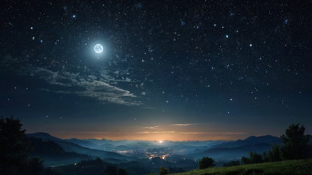 Panoramic view of the night sky with stars and the moonの写真素材