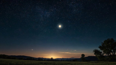 Beautiful night sky with stars and milky way over fields and mountainsの写真素材