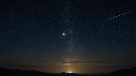 Milky way in the night sky with stars and silhouette of mountains