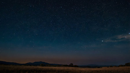 Milky way over the field at night. Long exposure shot.の写真素材